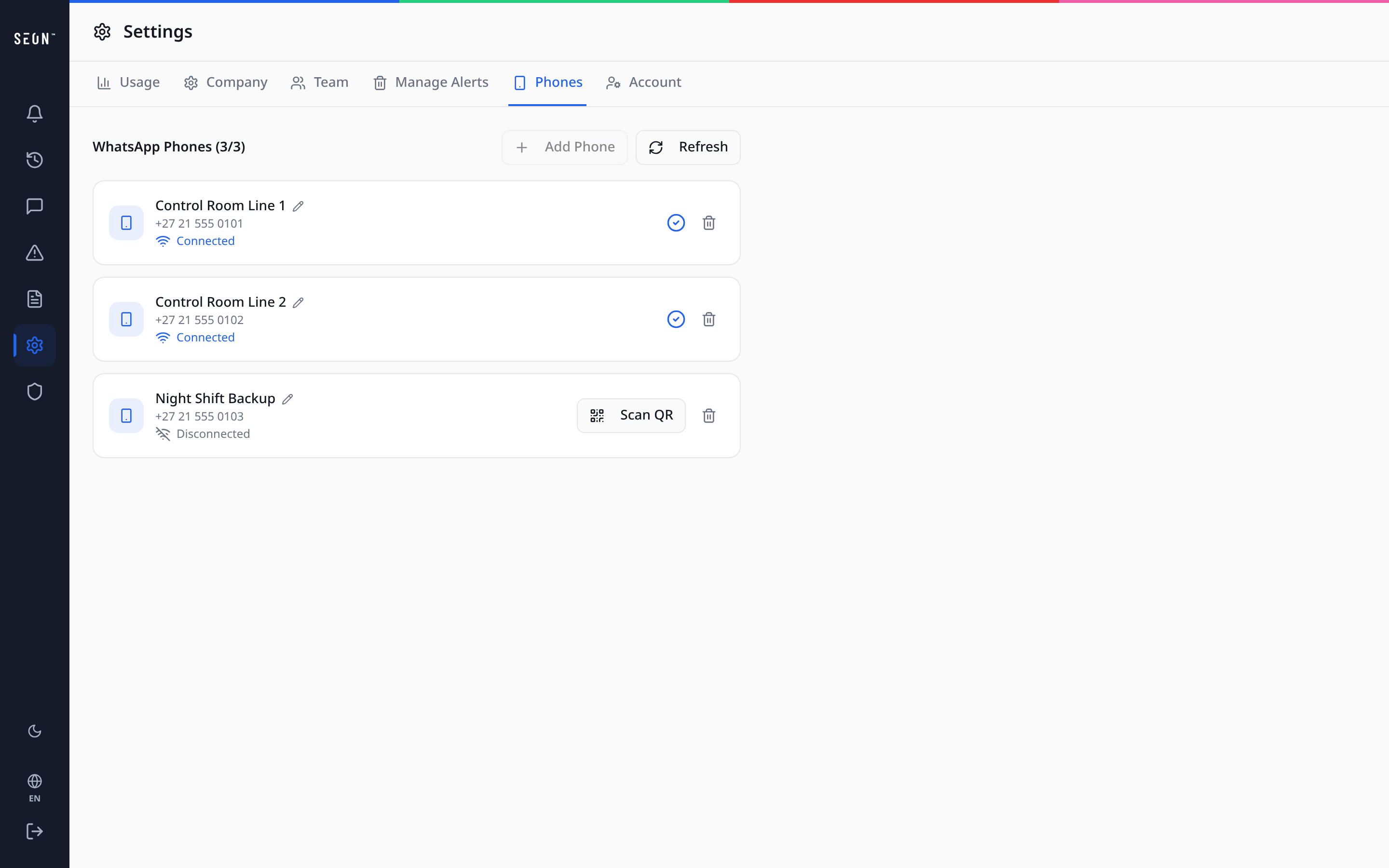 Chat Alarm settings listing the connected control room phone numbers and their connection status