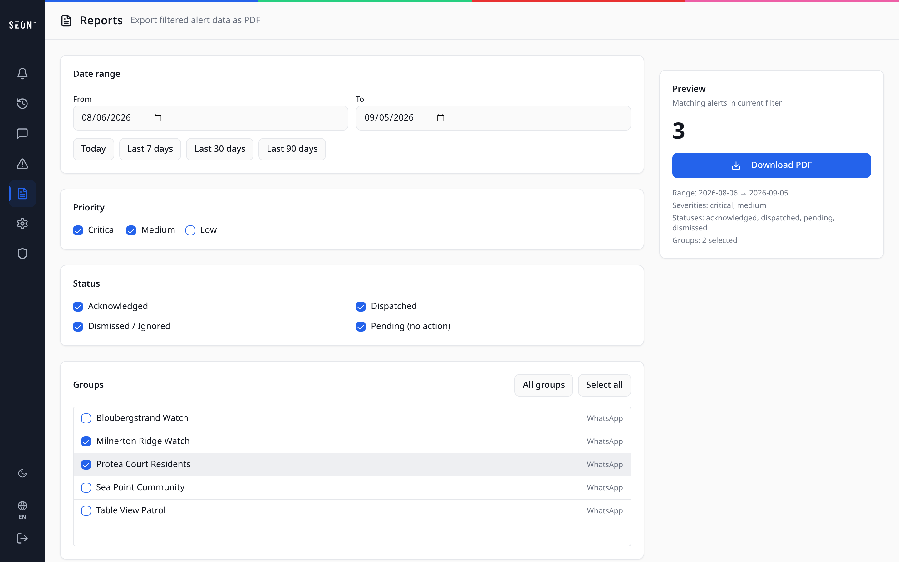 Chat Alarm reporting screen with date range, priority, status and group filters and a PDF export preview